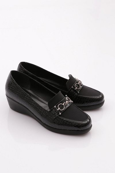 DGN 23071 Black Wedge Heeled Women's Shoes with Metal Accessories - Crocodile