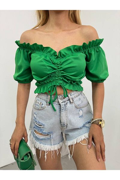 BİKELİFE Madonna Collar Shoulder Γυναικεία Crop Μπλούζα χαμηλού κοψίματος - Gathered μπροστά