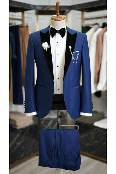 LONATOLİA Men's Saks Blue Tuxedo - Groom Suit Pointed Velvet Collar, Italian Cut Slim Fit - Xprzcom9470-22