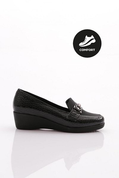 DGN 23071 Black Wedge Heeled Women's Shoes with Metal Accessories - Crocodile