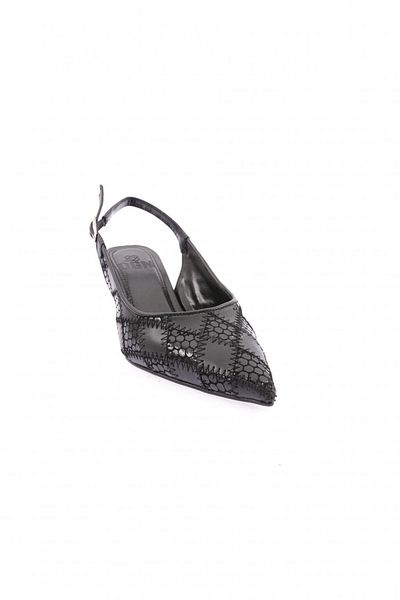DGN 1334 Model - Women's Black Pointed Toe Patterned Open Back Heeled Shoes
