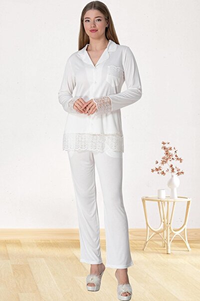 Mecit Pijama Boydan Düğmeli Kolları Dantel Detaylıkadın Pijama Takımı %75 Pamuk %25 Viskon Ekru