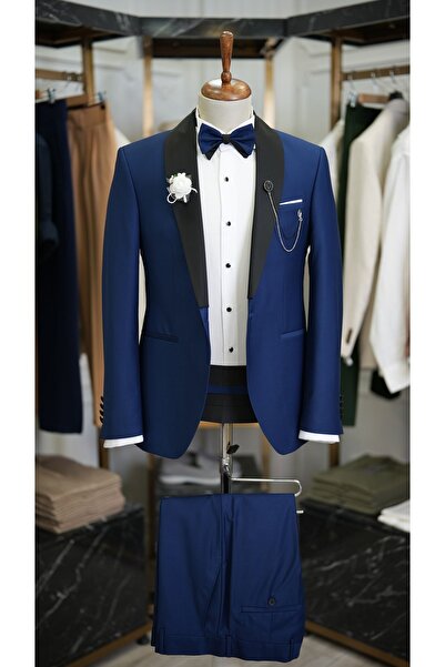 LONATOLİA Erkek Kuşaklı Saks Mavi Smokin Damatlık Saten Şal Yaka Italyan Kesi...