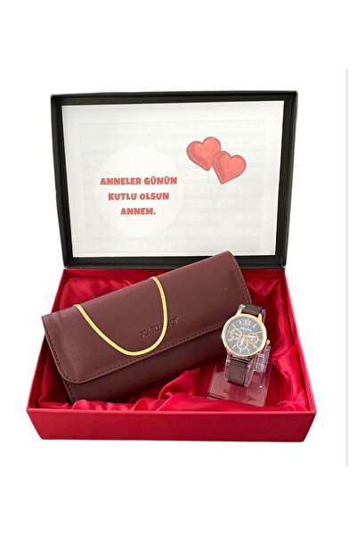 Spectrum Kadın Hediye Bordo Kol Saat- Cüzdan-italyan Çelik Zincir Seti