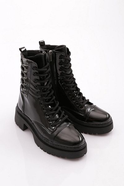 DGN Black Patent Leather Lace up Women's Boots - Wrinkled 211011321027