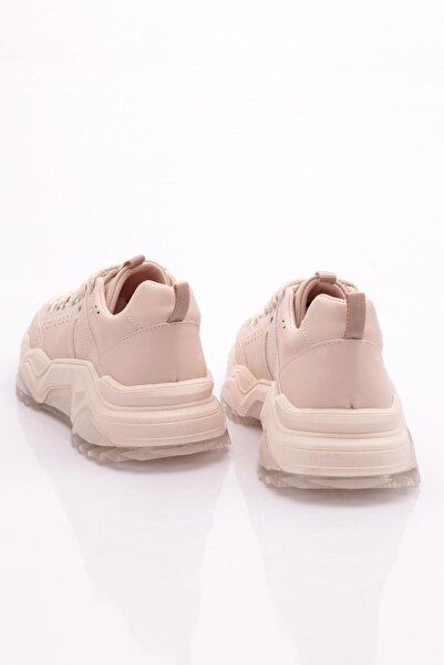 DGN Kadın Bağcıklı Kalın Taban Sneakers Ayakkabı Bej Cilt 7622103138