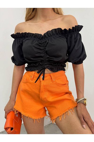 BİKELİFE Madonna Collar Shoulder Γυναικεία Crop Μπλούζα χαμηλού κοψίματος - Gathered μπροστά
