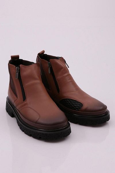 DGN 20300 Women's Rubber Detailed Zippered Boots Brown Genuine Leather