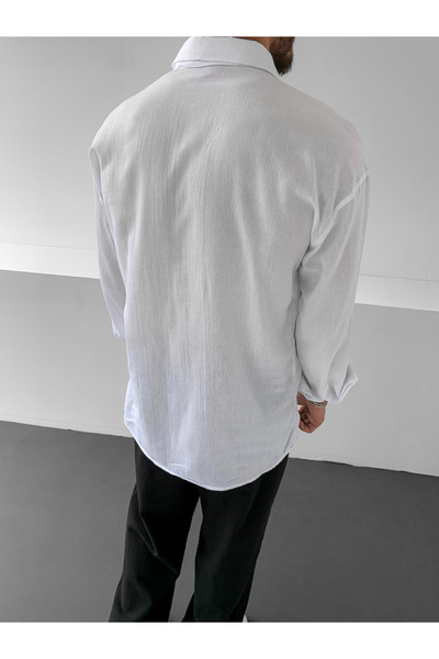 NO1 KONSEPT Oversize Λευκό Λινό Πουκάμισο - Crinkle Design