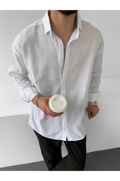 NO1 KONSEPT Oversize Λευκό Λινό Πουκάμισο - Crinkle Design