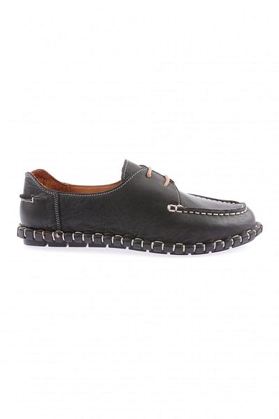 DGN 601-23y Black Genuine Leather Women's Loafer - with Stitching Detail and Front Laces