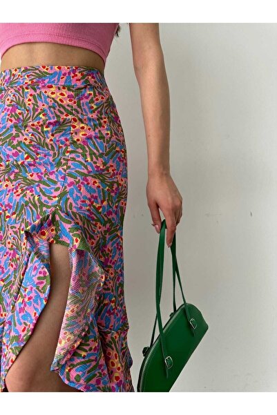 ubmbutik Γυναικεία φούστα Midi με λουλούδια - Ύφασμα με σχισμή και τσακίσμα