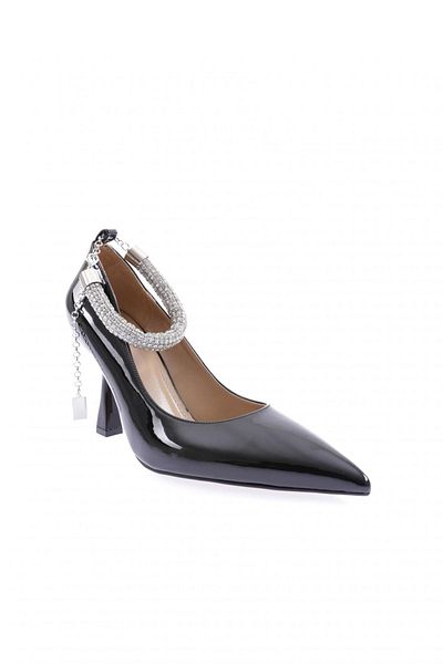 DGN Women's Pointed Toe Low-Cut Silver Stone Ankle Lace-Up Goblet Heeled Shoes Black Patent Leather 212521085