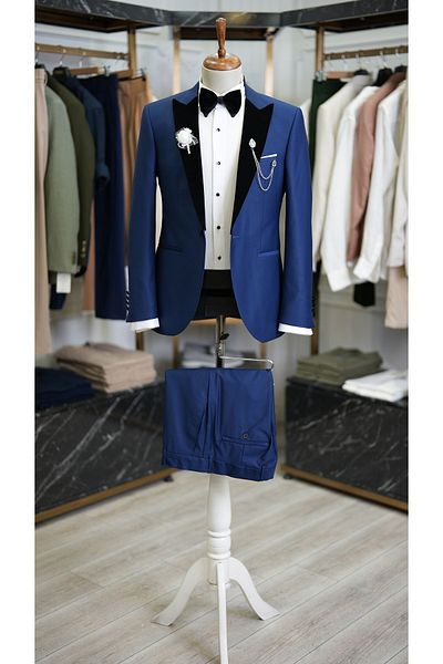 LONATOLİA Men's Saks Blue Tuxedo - Groom Suit Pointed Velvet Collar, Italian Cut Slim Fit - Xprzcom9470-22
