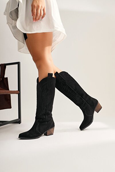 Limoya Hero Μαύρες σουέτ κεντημένες καουμπόικες γυναικείες μπότες