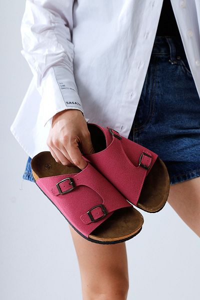 Limoya Genuine Leather Christella Fuchsia Suede Double Buckle Detailed Women's Slippers