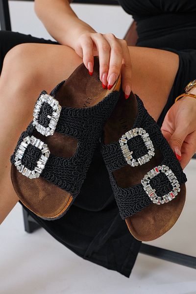 Limoya Ellina Black Double Banded Stone Buckle Detailed Knitted Women's Slippers