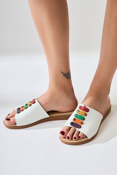 Jilberto Genuine Leather Nicola White Straw Sole Colorful Buckle Women's Slippers
