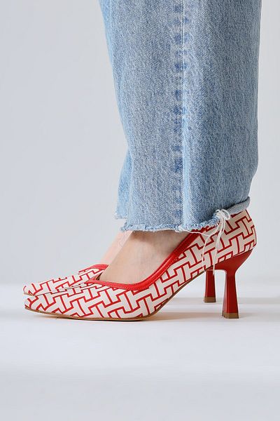Limoya Lottis Red Geometric Patterned Pointed Toe Heeled Women's Shoes