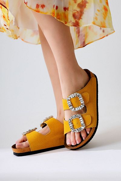 Limoya Brisa Yellow Double Banded Women's Slippers with Stone Buckle Detail
