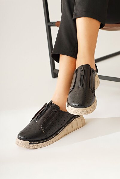 Limoya Melonie Black Laser Perforated Zippered Women's Casual Shoes