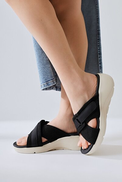 Limoya Προϊόν προσφοράς για γυναικείες παντόφλες Jola Black Cross Textile Strap Comfortable Sole