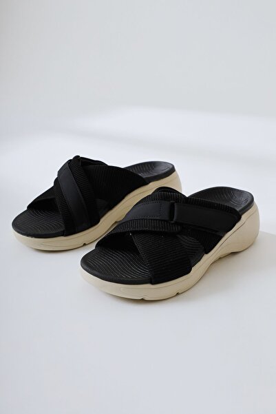 Limoya Προϊόν προσφοράς για γυναικείες παντόφλες Jola Black Cross Textile Strap Comfortable Sole