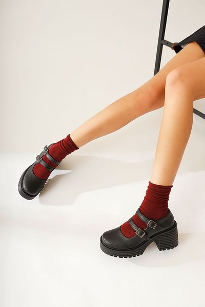 Limoya Roselie Black Thick Sole Heeled Double Strap Women's Casual Shoes
