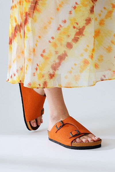 Limoya Genuine Leather Christella Orange, Orange Suede Double Buckle Detailed Women's Slippers