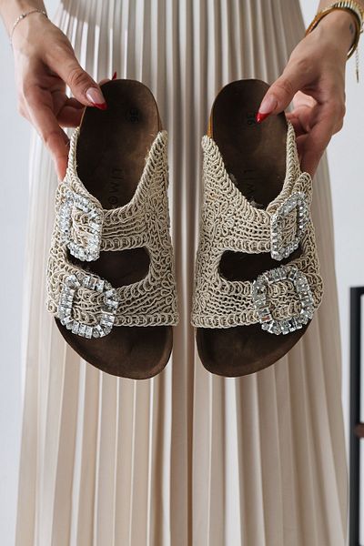 Limoya Ellina Cream, Beige Double Banded Stone Buckle Detailed Knitted Women's Slippers