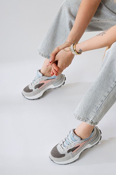Limoya Sin Gri-mavi Süet Bağcıklı Yüksek Taban Kadın Sneakers, Kadın Spor Ayakkabı