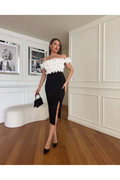 1Moda1Tarz Colorful Scuba Crepe - Madonna Collar and Rose Detailed Slit Lined Designer Dress