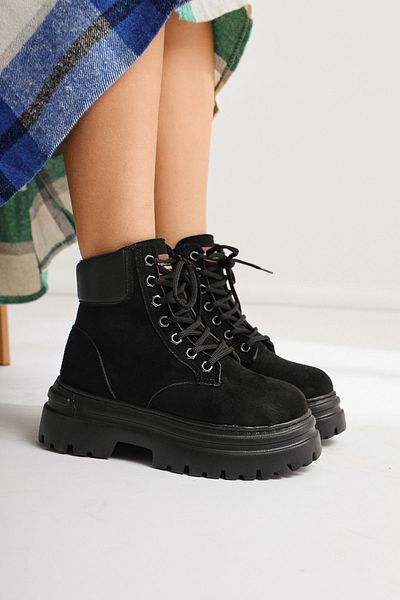 Limoya Phoi Μαύρες Suede Χοντρή Σόλα Lace Up Γυναικείες Μπότες, Γυναικεία Μποτάκια