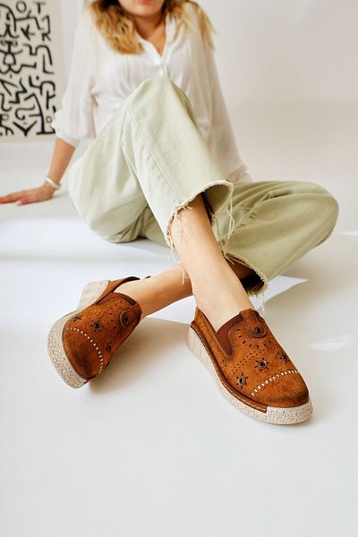 Limoya Bethina Brown Suede Rivet Detailed Laser Perforated Ballerinas, Women's Ballerina Shoes