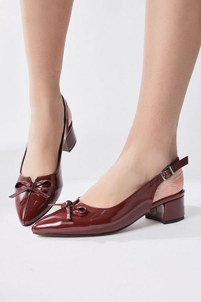 Limoya Entela Burgundy Pointed Toe Bow Detailed Short Heeled Women's Shoes