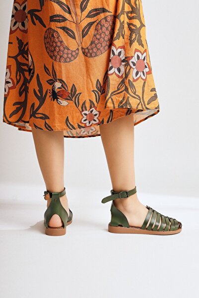 Limoya Genuine Leather Helen Khaki Toe-Covering Bodrum Women's Sandals Opportunity Product