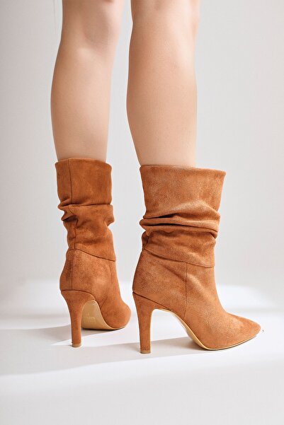 Limoya Wilma Taba Süet Körüklü Ince Topuklu Kadın Bot, Kadın Bootie