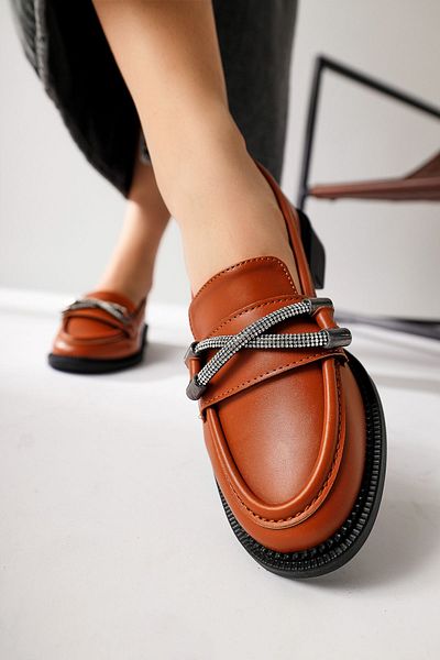 Limoya Evina Brown Stone Buckle Detailed Moccasin, Women's Loafer Shoes