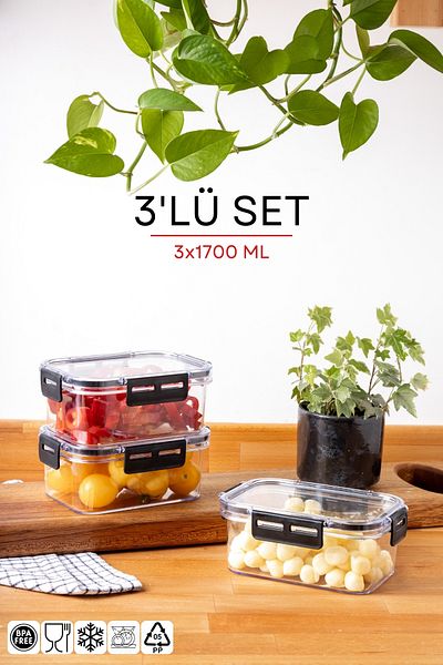 Nandy Home 1700ML Set of 3 Clear Storage Container with Lock Lid - Rectangular Design