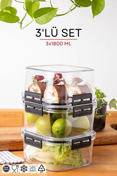 Nandy Home 1800ML Set of 3 Square Clear Storage Set with Lock Lid