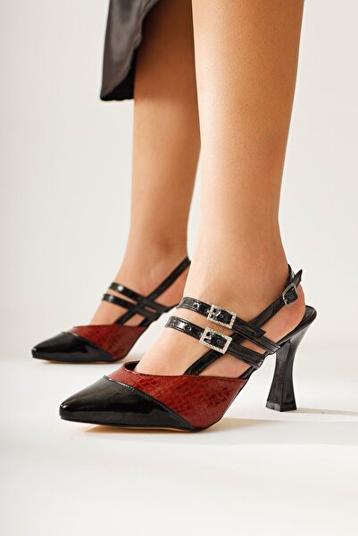 Limoya Tisha Black Burgundy Croco Detailed Double Buckle Pointed Toe Heeled Women's Sandals