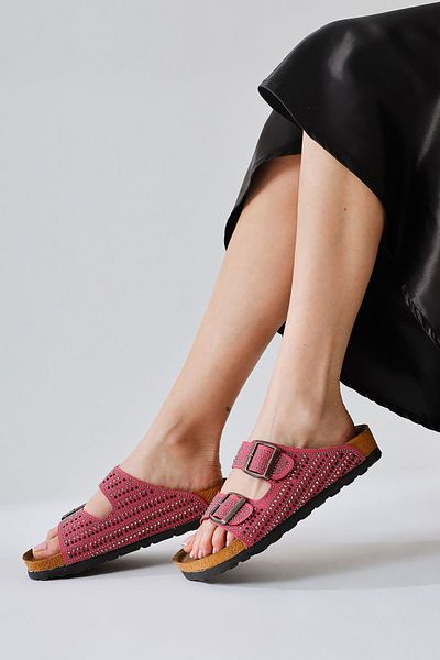 Limoya Aire Fuchsia Double Banded Stone Detailed Women's Slippers