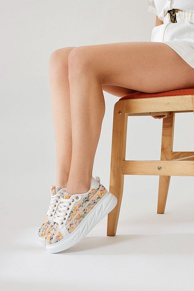 Limoya Pantofi de damă Silfa alb tricotat cu model cu talpă înaltă cu șireturi, pantofi sport pentru femei