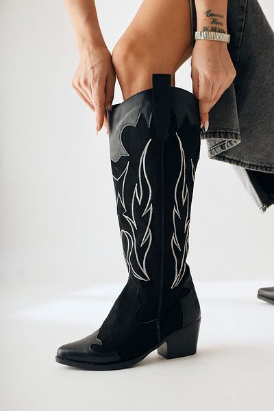 Limoya Cizme de damă Western, Cowboy, cu toc, brodate din piele de căprioară neagră de primăvară