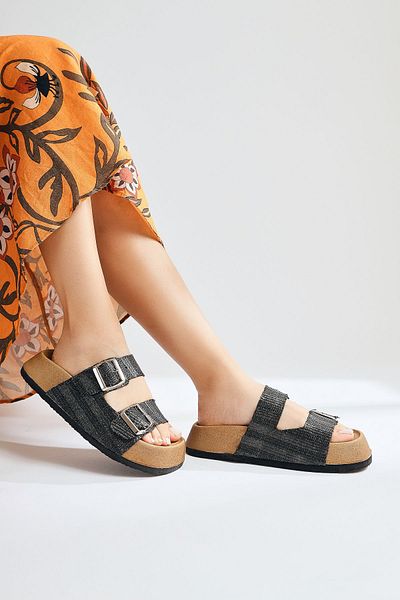 Limoya Nikie Black Straw Double Buckle Thick Sole Women's Slippers