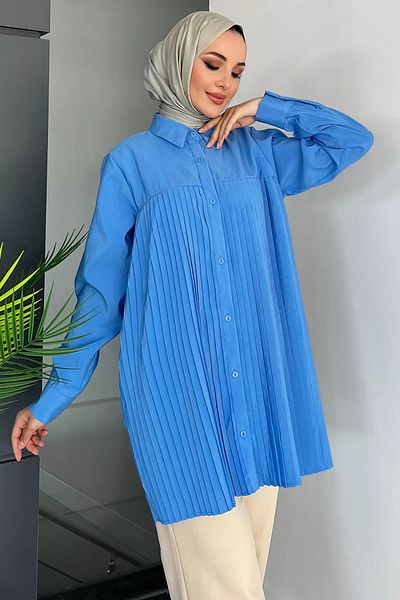 julude Cămașă Hijab pentru damă - Albastru, Design plisat în față