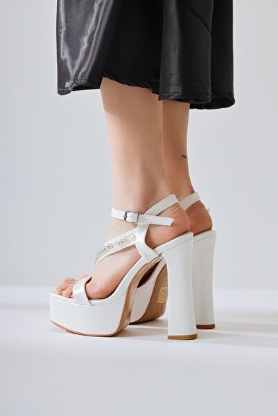 Limoya Marcel Sedef Ince Taşlı Bantlı Platformlu Yüksek Topuklu Kadın Ayakkabı