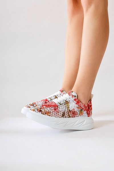 Limoya Biba Red Knitwear Pattern Printed Lace-Up Women's Sneakers, Lace-Up Sneakers