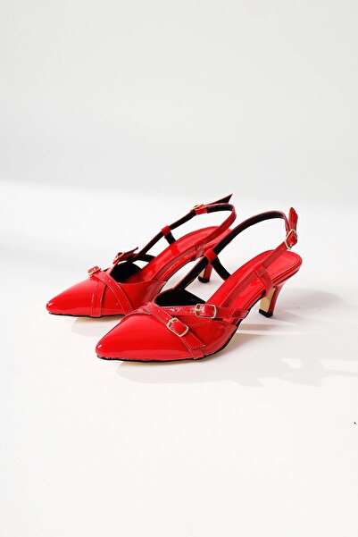 Limoya Monna Red Pointed Toe Buckle Detailed Short Heeled Women's Shoes