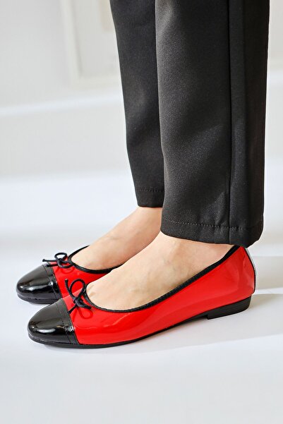 Limoya Sobhie Red Patent Leather Black Toe Bow Detailed Ballerinas, Women's Ballerina Shoes